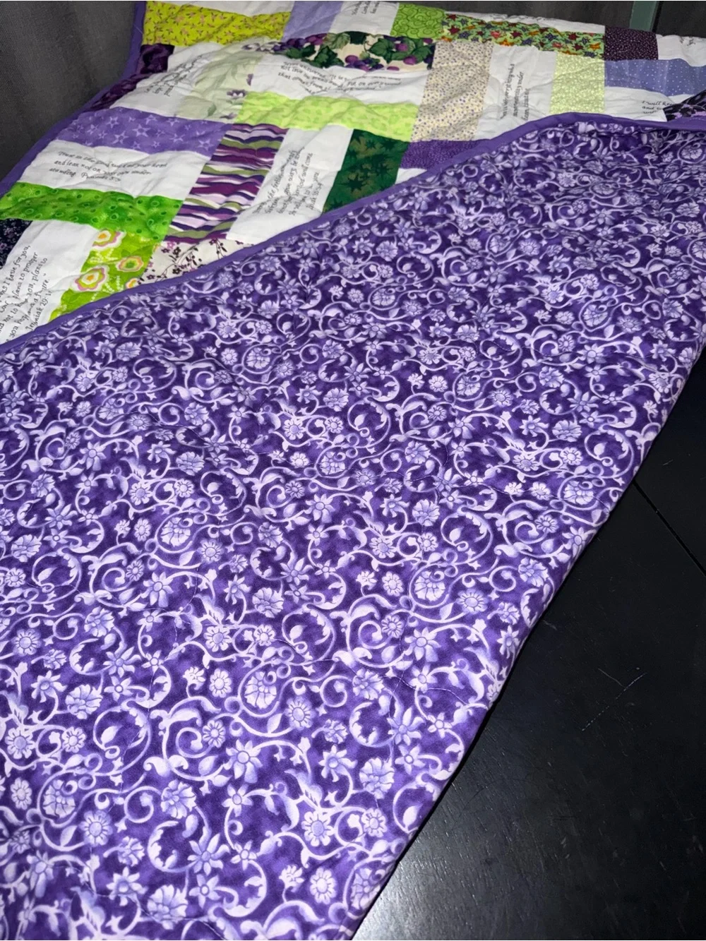 New Handmade Lavender and Green Patchwork Quilt with Scripture Embroidery